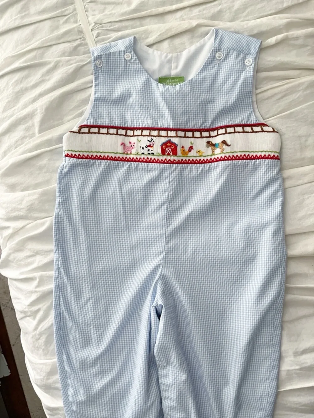 Classic Whimsy Light Blue Check Smocked Farm Longall